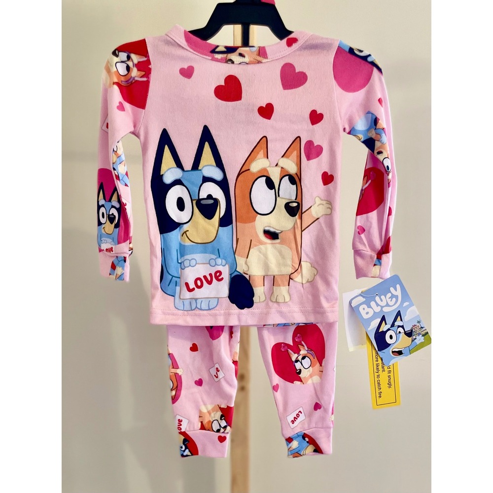 Bluey Bingo Girls Pink Heart Love Snug Fit Ribbed Pajama Set 2-Piece New